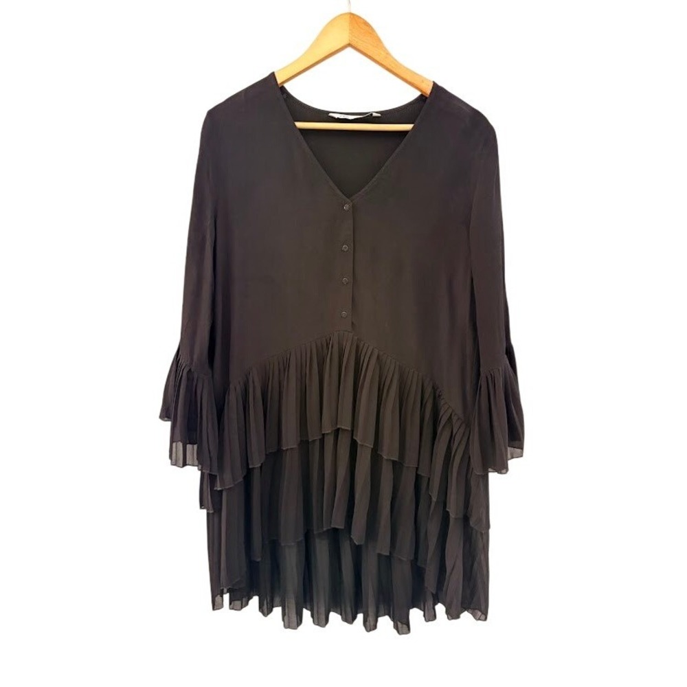 Zara Tunic Mini Dress Womens Medium Black Pleated Ruffle Tiered V-Neck